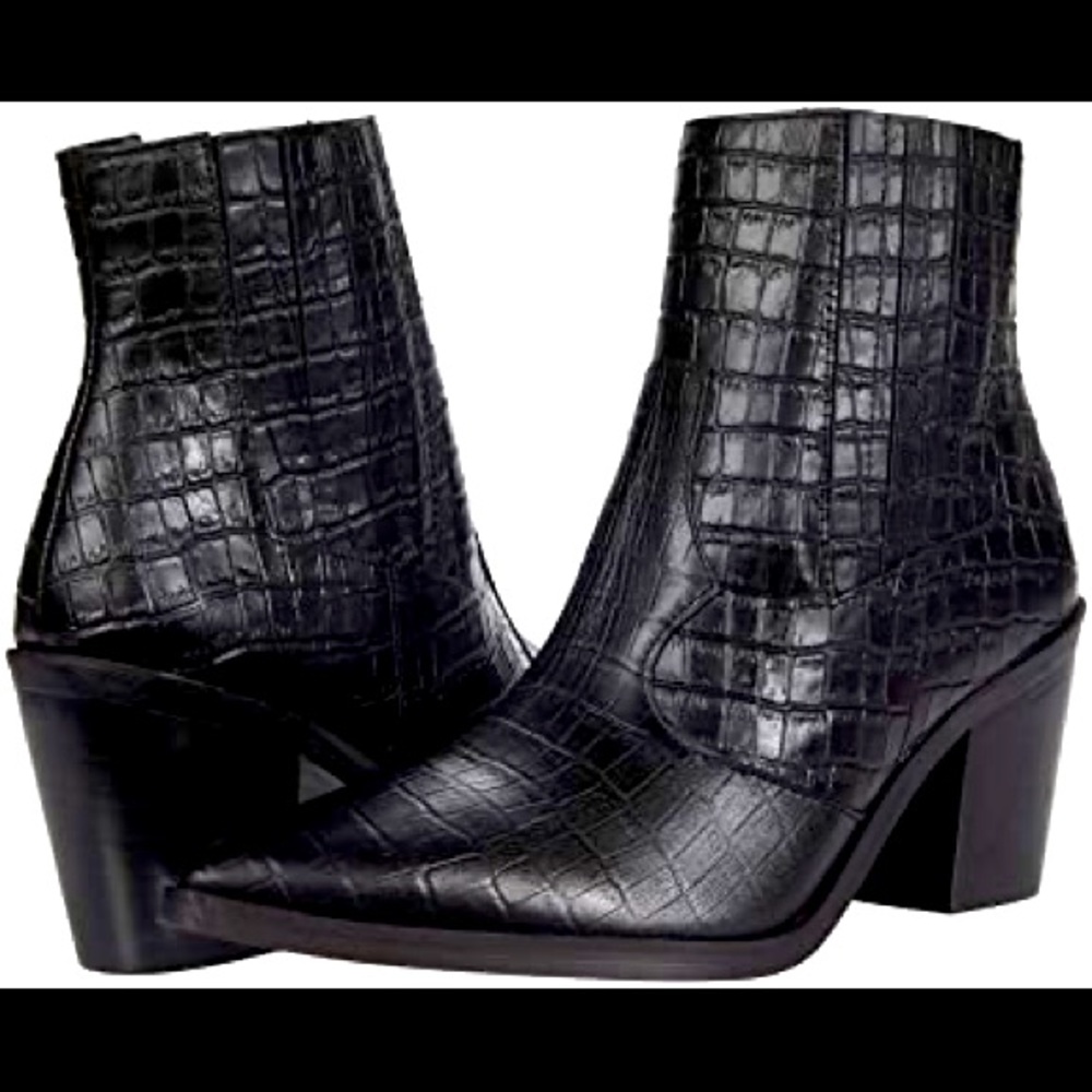 Blondo Black Leather Croc Embossed Ankle Boots